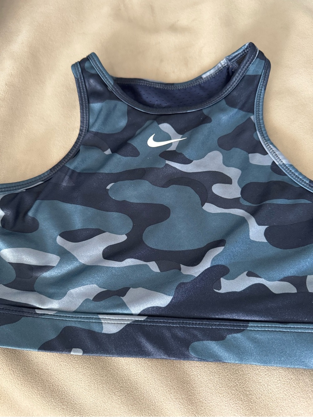 Nike Camo High-Neck Sports Bra in Teal, Navy & Gray